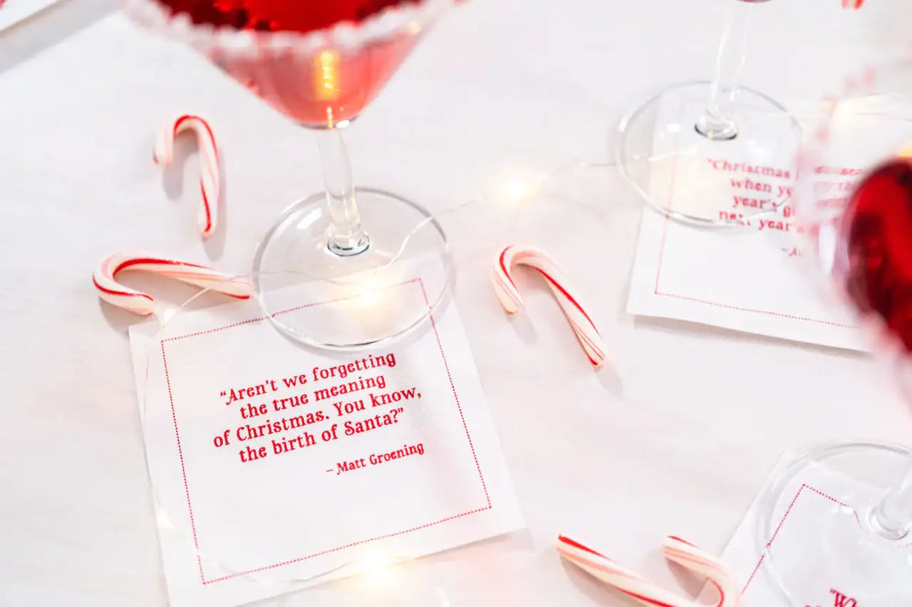 Five Star Napkins White Cotton Cocktail Napkins, multiple white square cocktail napkins with glasses and candy canes, 100% Organic Cotton, 4.5" x 4.5", Single Use, 50 Units Per Pack with 25 Unique Christmas Quotes