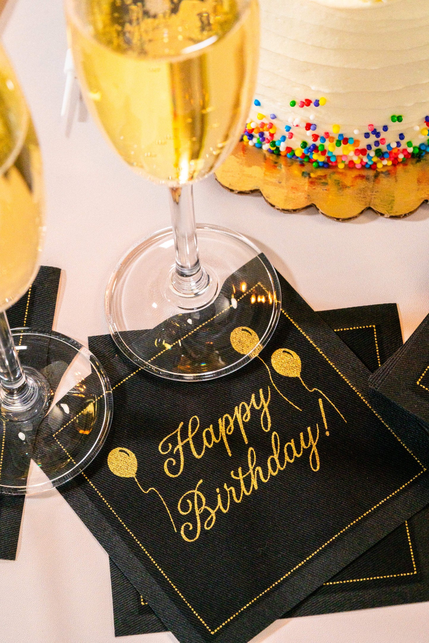 Five Star Napkins Quotes Cocktail Napkin, Black singular 'Happy Birthday!' in gold text with champagne and cake, 100% Organic Cotton, 4.5” x 4.5”, 50 Napkins per pack