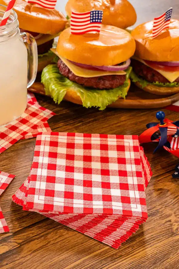 Five Star Napkins Red Vichy Cotton Cocktail Napkins, close-up of napkins holding mini burgers on wooden board, 4.5" x 4.5", Case with 24 packs of 50