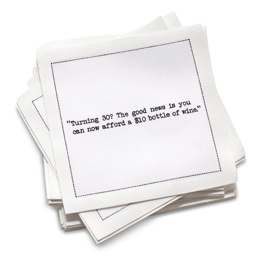 Five Star Napkins 30th Birthday Quotes Napkins, stack of white square napkins with printed birthday quotes, 100% Organic Cotton, 4.5” x 4.5”, 50 Napkins per pack with 25 Unique Quotes