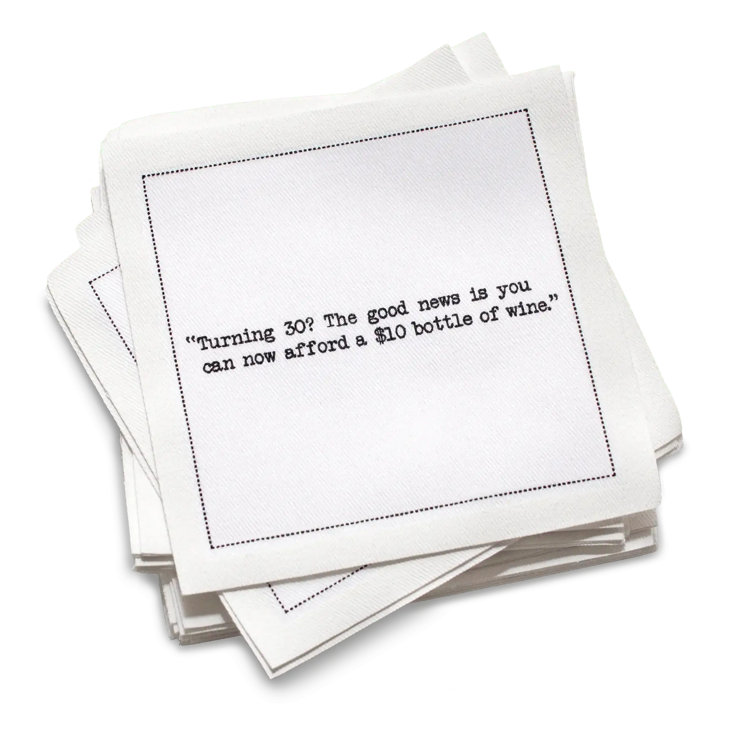 Five Star Napkins 30th Birthday Quotes Napkins, stack of white square napkins with printed birthday quotes, 100% Organic Cotton, 4.5” x 4.5”, 50 Napkins per pack with 25 Unique Quotes