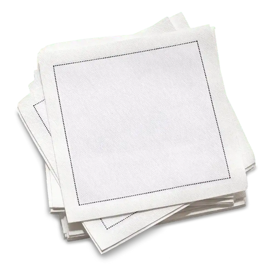 Stack of white napkins with Grey hemstitching on a white background