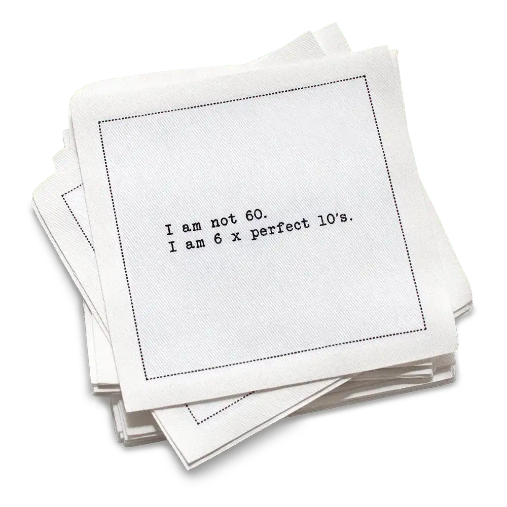 Five Star Napkins 60th Birthday Quotes, Cocktail Napkins, White stack with 60th birthday quotes, 100% Organic Cotton, 4.5” x 4.5”, 50 Napkins per pack with 25 unique quotes