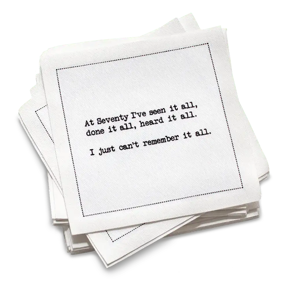 Five Star Napkins 70th Birthday Quotes, Cocktail Napkins, White stack with 70th birthday quotes, 100% Organic Cotton, 4.5” x 4.5”, 50 Napkins per pack with 25 unique quotes