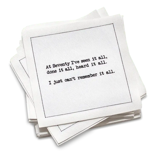 Five Star Napkins 70th Birthday Quotes, Cocktail Napkins, White stack with 70th birthday quotes, 100% Organic Cotton, 4.5” x 4.5”, 50 Napkins per pack with 25 unique quotes