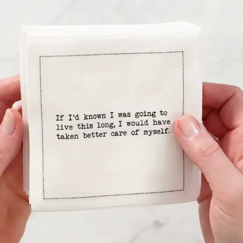 Five Star Napkins 70th Birthday Quotes, Cocktail Napkins, White stack video close up with 70th birthday quotes, 100% Organic Cotton, 4.5” x 4.5”, 50 Napkins per pack with 25 unique quotes