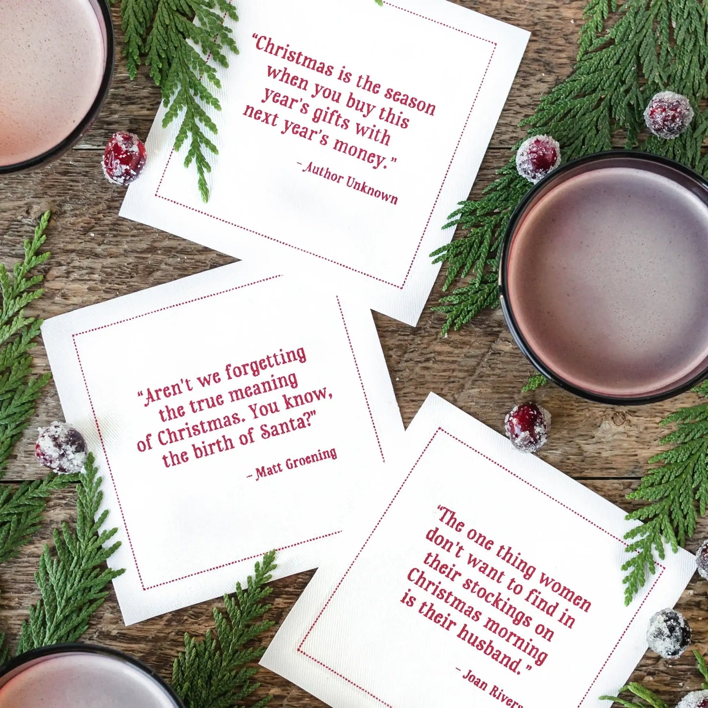 Five Star Napkins White Cotton Cocktail Napkins, three white square cocktail napkins with Christmas theme and unique quotes, 100% Organic Cotton, 4.5" x 4.5", Single Use, 50 Units Per Pack with 25 Unique Christmas Quotes
