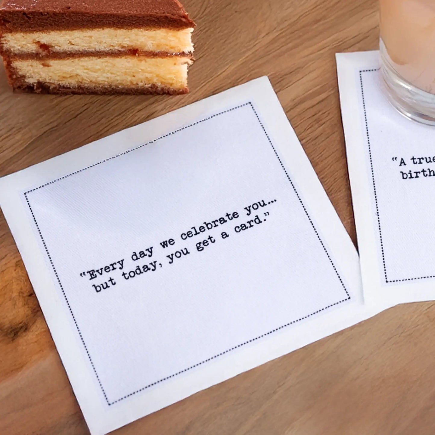 Five Star Napkins Generic Birthday Quotes, Cocktail Napkins, White singular napkin with birthday quote on a wooden table, 100% Organic Cotton, 4.5â x 4.5â, 50 Napkins per pack with 25 unique quotes