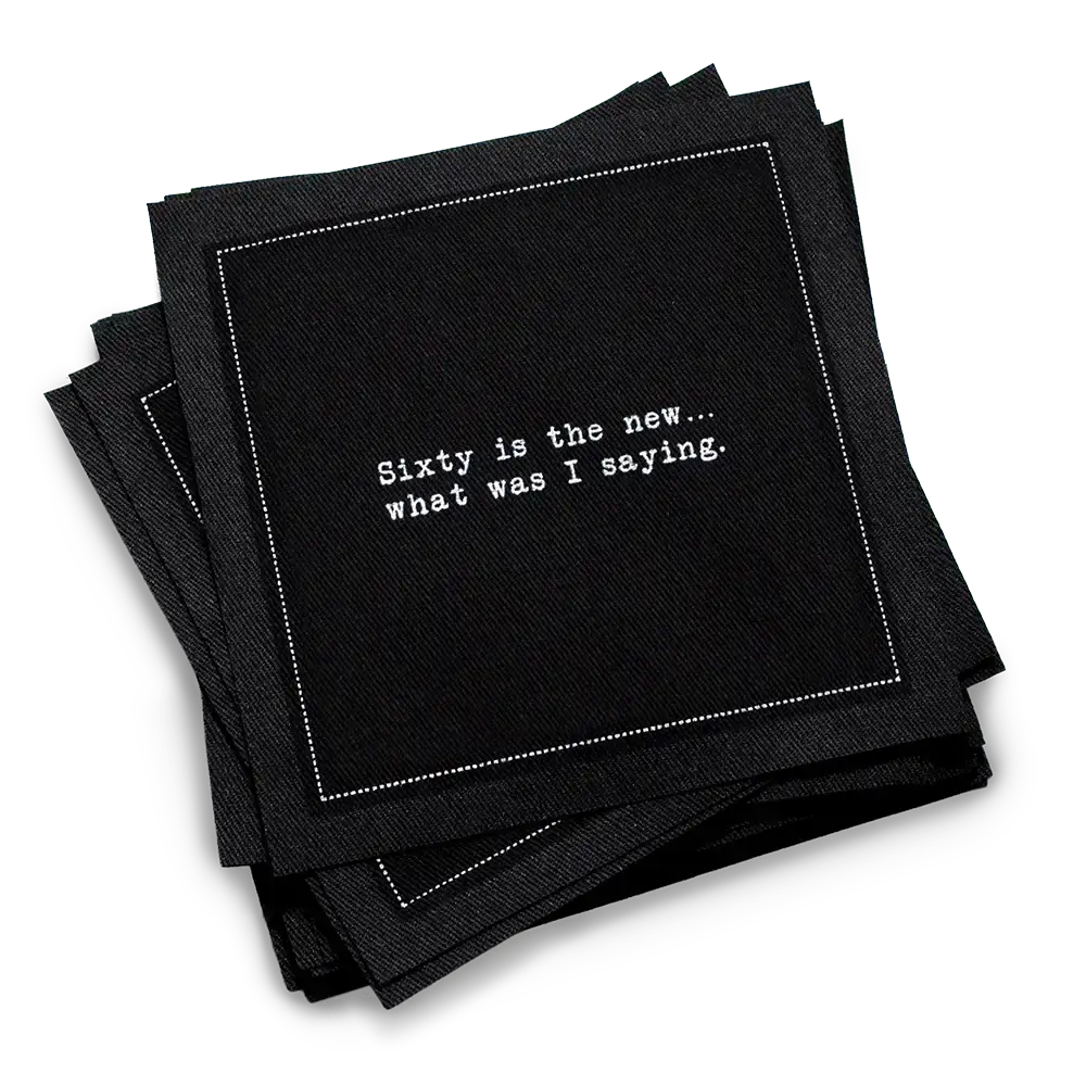 Five Star Napkins 60th Birthday Quotes, Cocktail Napkins, Black stack with 60th birthday quotes, 100% Organic Cotton, 4.5” x 4.5”, 50 Napkins per pack with 25 unique quotes