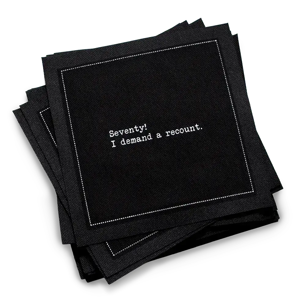 Five Star Napkins 70th Birthday Quotes, Cocktail Napkins, Black stack with 70th birthday quotes, 100% Organic Cotton, 4.5” x 4.5”, 50 Napkins per pack with 25 unique quotes