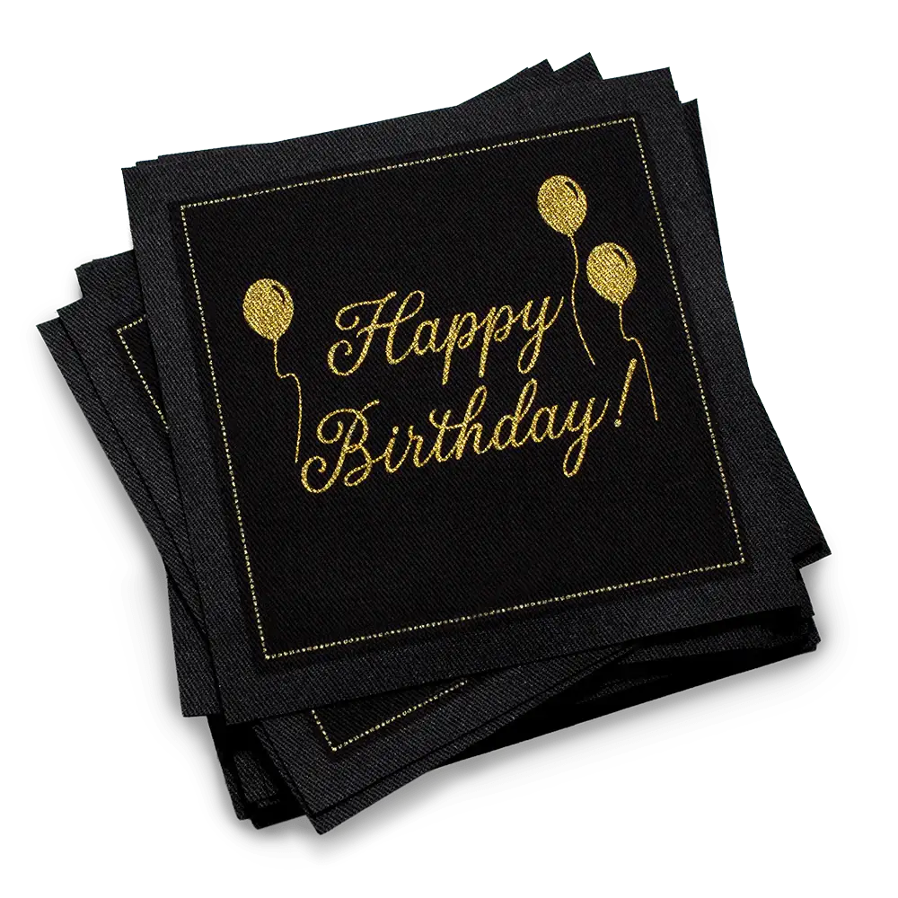 Five Star Napkins Quotes Cocktail Napkins, Black 'Happy Birthday!' in gold text and balloons on a transparent background, 100% Organic Cotton, 4.5” x 4.5”, 50 Napkins per pack