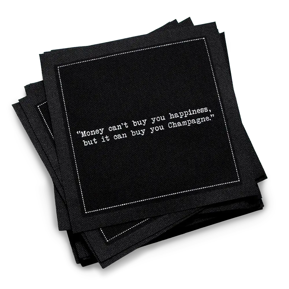 Five Star Napkins White Cotton Cocktail Napkins, stack of black square cocktail napkins with white background, 100% Organic Cotton, 4.5" x 4.5", Single Use, 50 Units Per Pack with 25 Unique Champagne Drinking Quotes