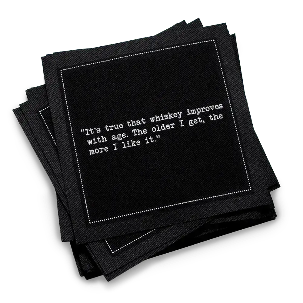 Five Star Napkins White Cotton Cocktail Napkins, stack of black square cocktail napkins with white background, 100% Organic Cotton, 4.5" x 4.5", Single Use, 50 Units Per Pack with 25 Unique Whiskey Drinking Quotes