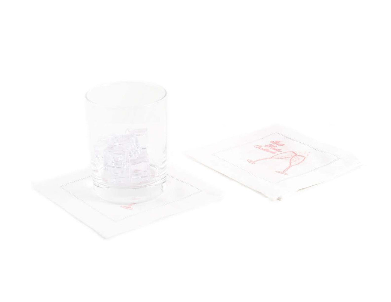 Embroidered Linen Cocktail with Hemstitch - "But First, Cocktails" - 5.75" x 5.75" - 4 Units per Pack