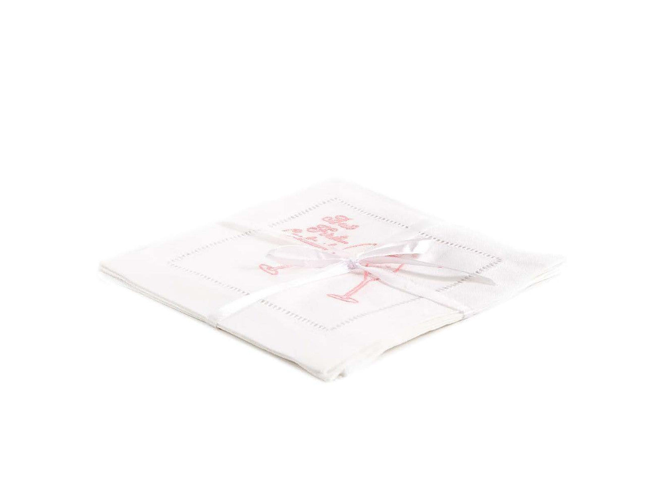 Embroidered Linen Cocktail with Hemstitch - "But First, Cocktails" - 5.75" x 5.75" - 4 Units per Pack