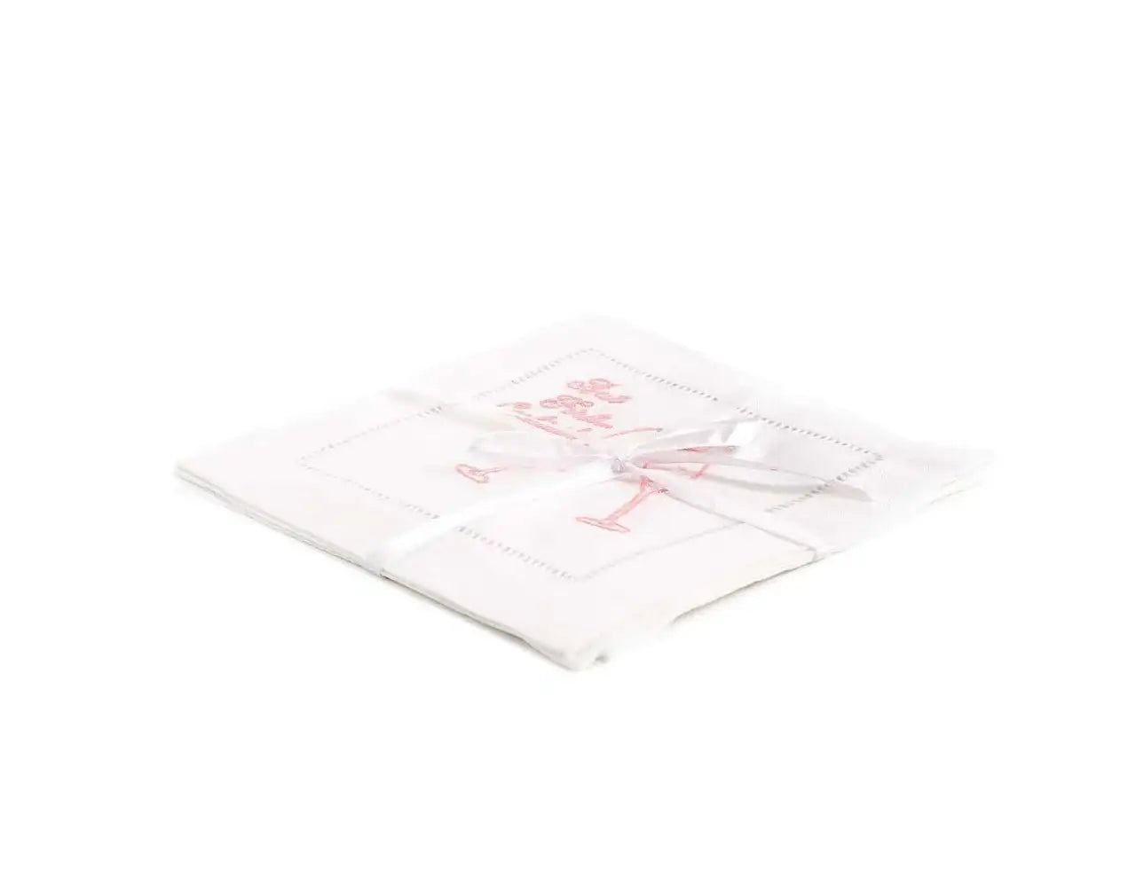 Embroidered Linen Cocktail with Hemstitch - "But First, Cocktails" - 5.75" x 5.75" - 4 Units per Pack - Five Star Napkins