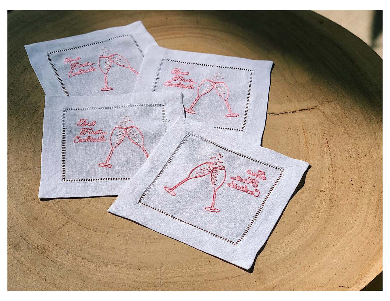 Embroidered Linen Cocktail with Hemstitch - "But First, Cocktails" - 5.75" x 5.75" - 4 Units per Pack
