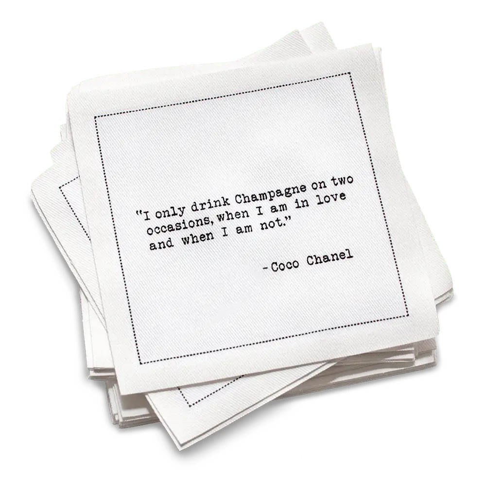 Five Star Napkins White Cotton Cocktail Napkins, stack of white square cocktail napkins with , 100% Organic Cotton, 4.5" x 4.5", Single Use, 50 Units Per Pack with 25 Unique Champagne Drinking Quotes