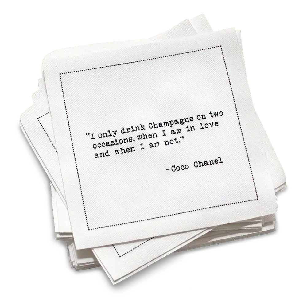 Five Star Napkins White Cotton Cocktail Napkins, stack of white square cocktail napkins with , 100% Organic Cotton, 4.5" x 4.5", Single Use, 50 Units Per Pack with 25 Unique Champagne Drinking Quotes