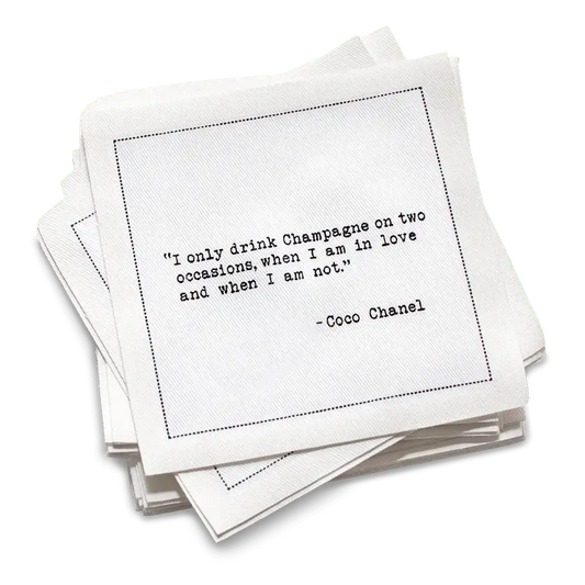 Five Star Napkins White Cotton Cocktail Napkins, stack of white square cocktail napkins with , 100% Organic Cotton, 4.5" x 4.5", Single Use, 50 Units Per Pack with 25 Unique Champagne Drinking Quotes