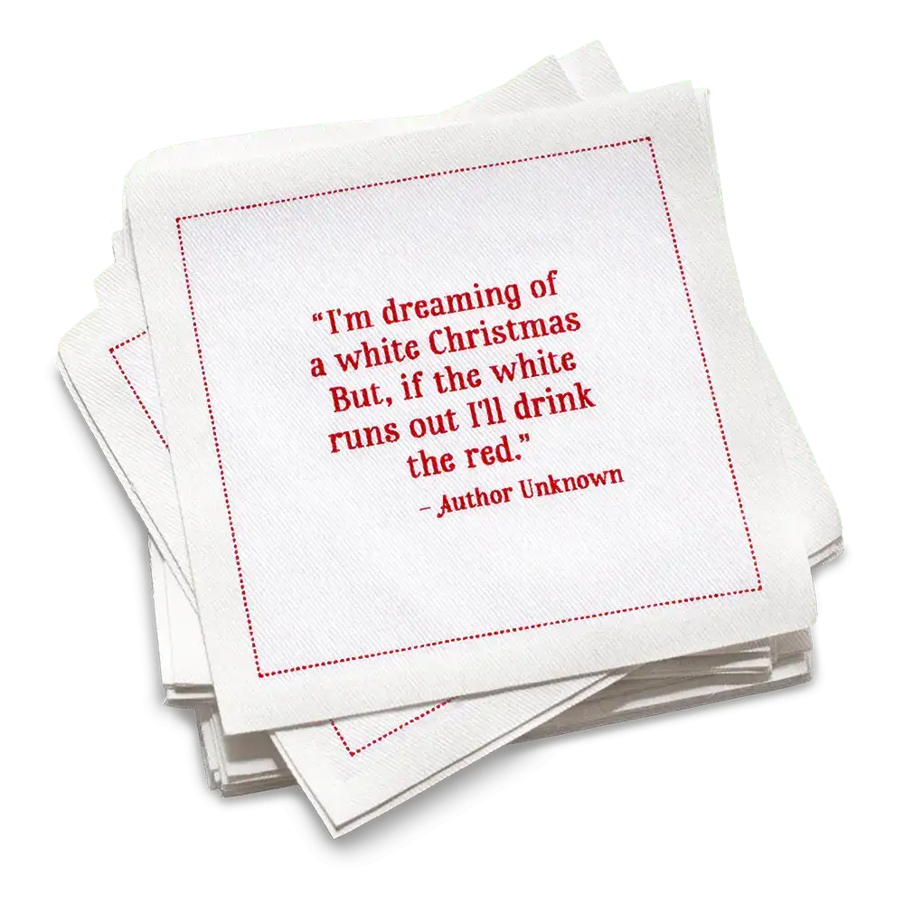 Five Star Napkins White Cotton Cocktail Napkins, stack of white square cocktail napkins with white background, 100% Organic Cotton, 4.5" x 4.5", Single Use, 50 Units Per Pack with 25 Unique Christmas Quotes
