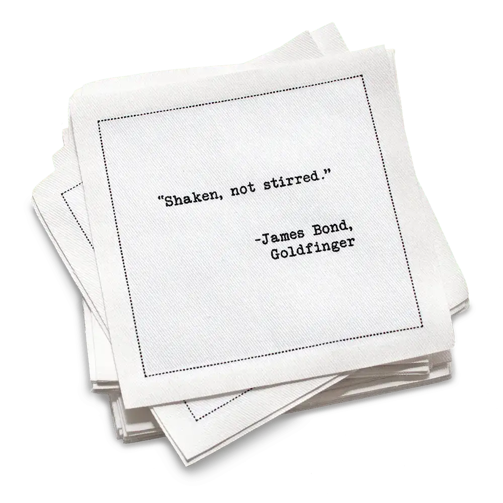 Five Star Napkins White Cotton Cocktail Napkins, stack of white square cocktail napkins with , 100% Organic Cotton, 4.5" x 4.5", Single Use, 50 Units Per Pack with 25 Unique Literary Drinking Quotes
