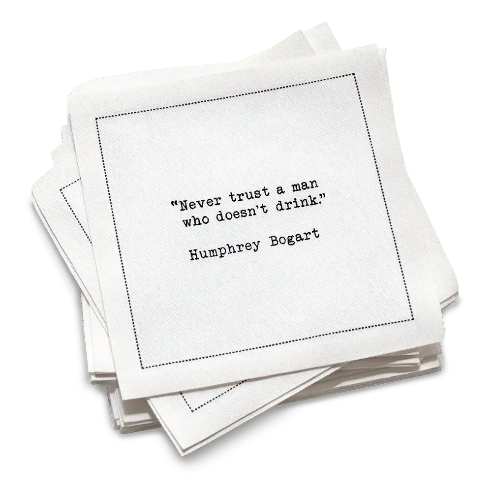 Five Star Napkins White Cotton Cocktail Napkins, stack of white square cocktail napkins with Humphrey Bogart drinking quote, 100% Organic Cotton, 4.5" x 4.5", Single Use, 50 Units Per Pack with 25 Unique Drinking Quotes