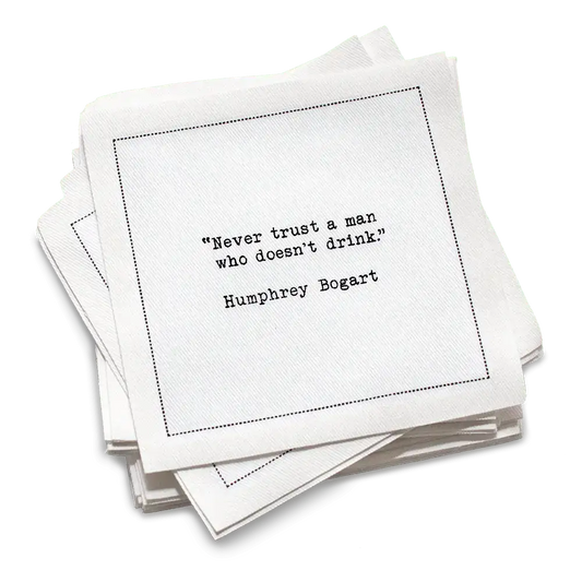 Five Star Napkins White Cotton Cocktail Napkins, stack of white square cocktail napkins with Humphrey Bogart drinking quote, 100% Organic Cotton, 4.5" x 4.5", Single Use, 50 Units Per Pack with 25 Unique Drinking Quotes