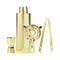 Gold stainless steel cocktail shaker set including a shaker, jigger, strainer, and ice tongs, by Five Star Napkins.