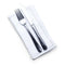 Half-folded white organic cotton cocktail napkin with a fork and knife, by Five Star Napkins.