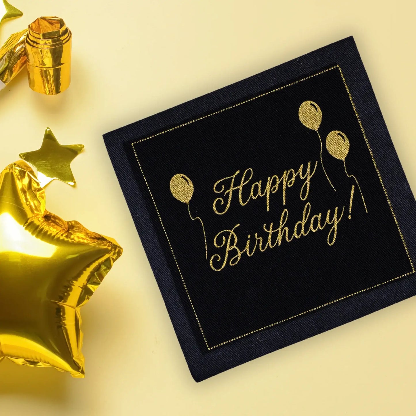 Five Star Napkins Quotes Cocktail Napkin, Black singular 'Happy Birthday!' in gold text and stars, 100% Organic Cotton, 4.5” x 4.5”, 50 Napkins per pack