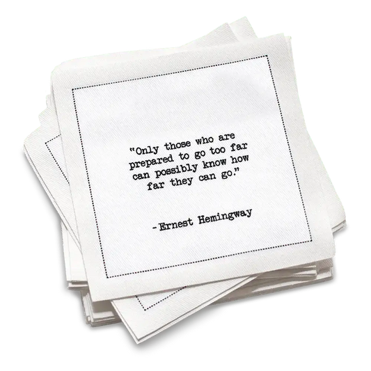 Five Star Napkins White Cotton Cocktail Napkins, stack of white square cocktail napkins with white background, 100% Organic Cotton, 4.5" x 4.5", Single Use, 50 Units Per Pack with 25 Ernest Hemingway Quotes