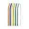Six multicolored straight reusable glass straws with a cleaning brush, by Five Star Napkins.