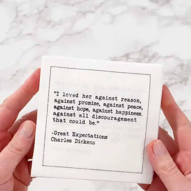 Five Star Napkins White Cotton Cocktail Napkins, video showing stack of white square cocktail napkins close up, 100% Organic Cotton, 4.5" x 4.5", Single Use, 50 Units Per Pack with 25 Unique Love Quotes