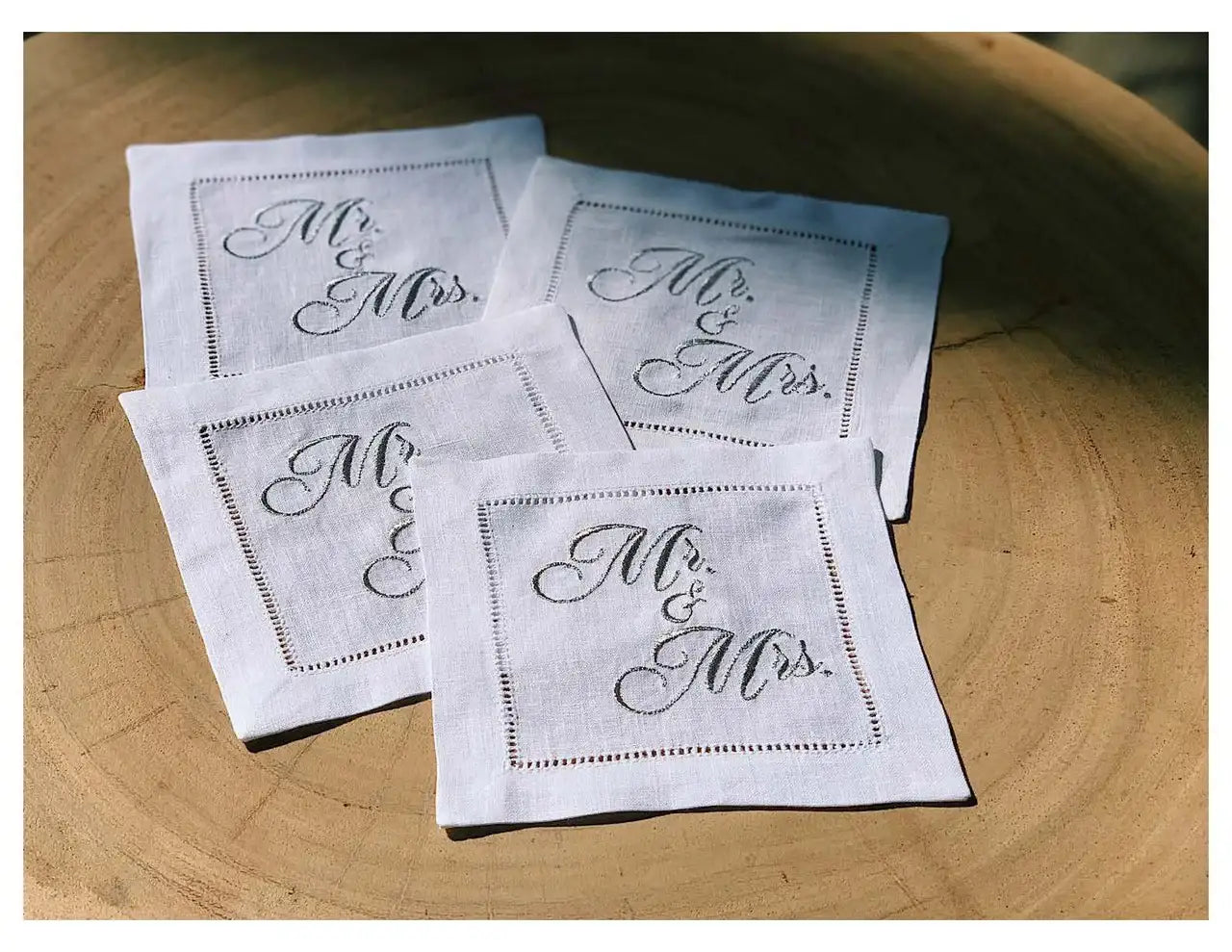 Embroidered Linen Cocktail with Hemstitch - "Mr. & Mrs." (Silver) - 5.75" x 5.75" - 4 Units per Pack - Five Star Napkins