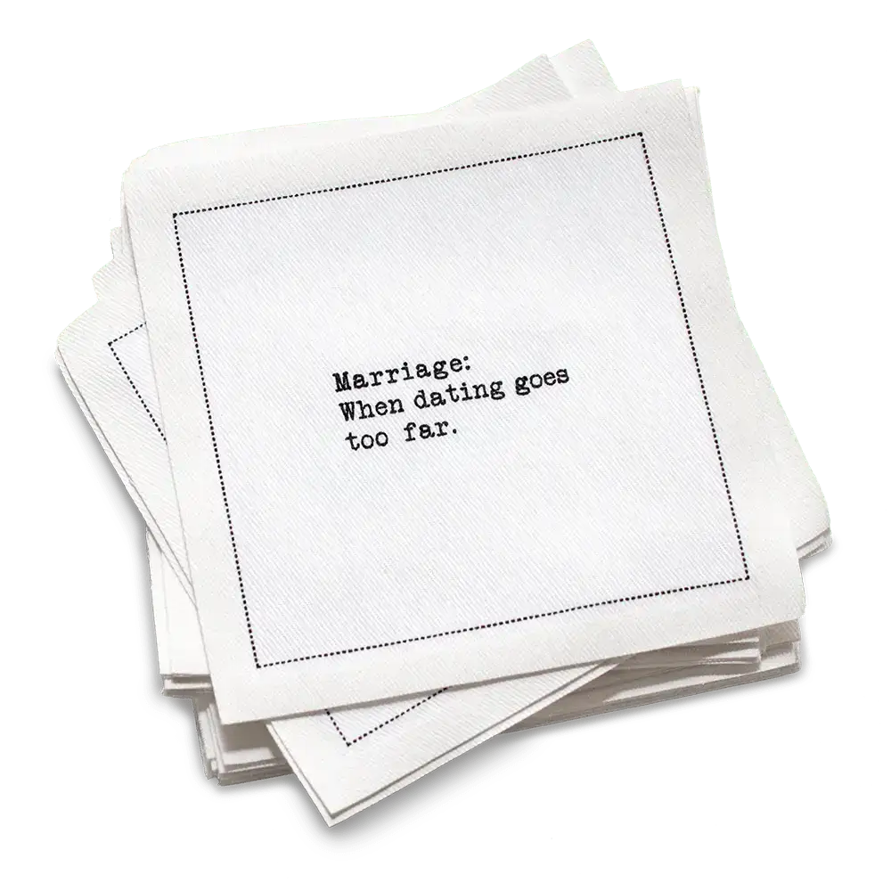 Five Star Napkins White Cotton Cocktail Napkins, stack of white square cocktail napkins with white background, 100% Organic Cotton, 4.5" x 4.5", Single Use, 50 Units Per Pack with 25 Unique Marriage Quotes
