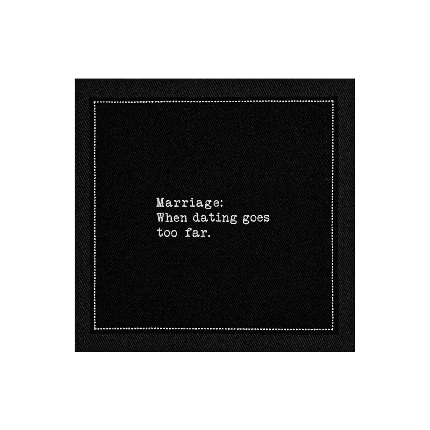 Five Star Napkins Black Cotton Cocktail Napkins, singular black square cocktail napkins close up, 100% Organic Cotton, 4.5" x 4.5", Single Use, 50 Units Per Pack with 25 Unique Marriage Quotes