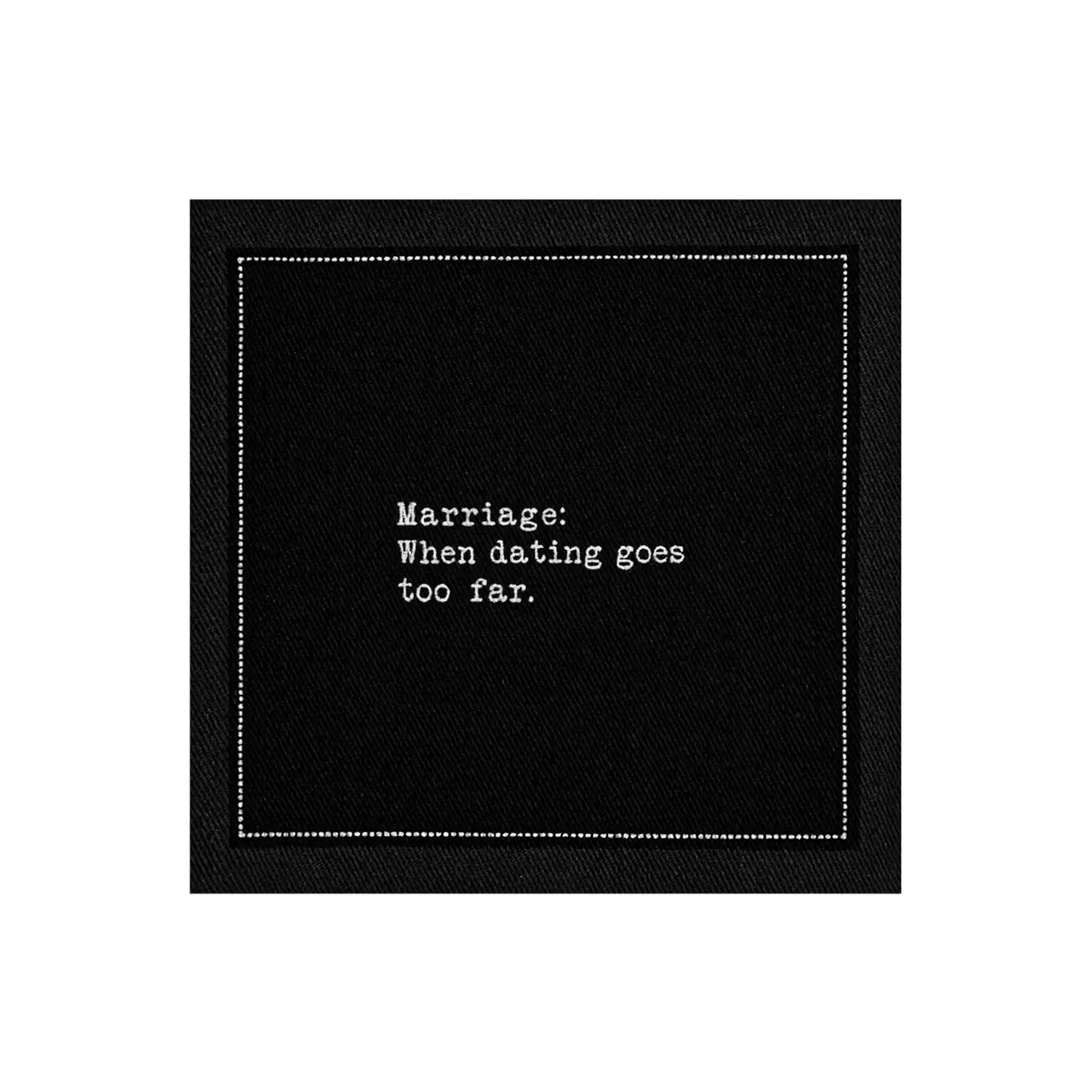 Five Star Napkins Black Cotton Cocktail Napkins, singular black square cocktail napkins close up, 100% Organic Cotton, 4.5" x 4.5", Single Use, 50 Units Per Pack with 25 Unique Marriage Quotes