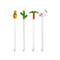 Four glass swizzle sticks topped with pineapple, cactus, palm tree, and flamingo designs, by Five Star Napkins.