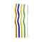 Four wavy glass straws in orange, blue, yellow, and green with a cleaning brush, flat lay on a white background.