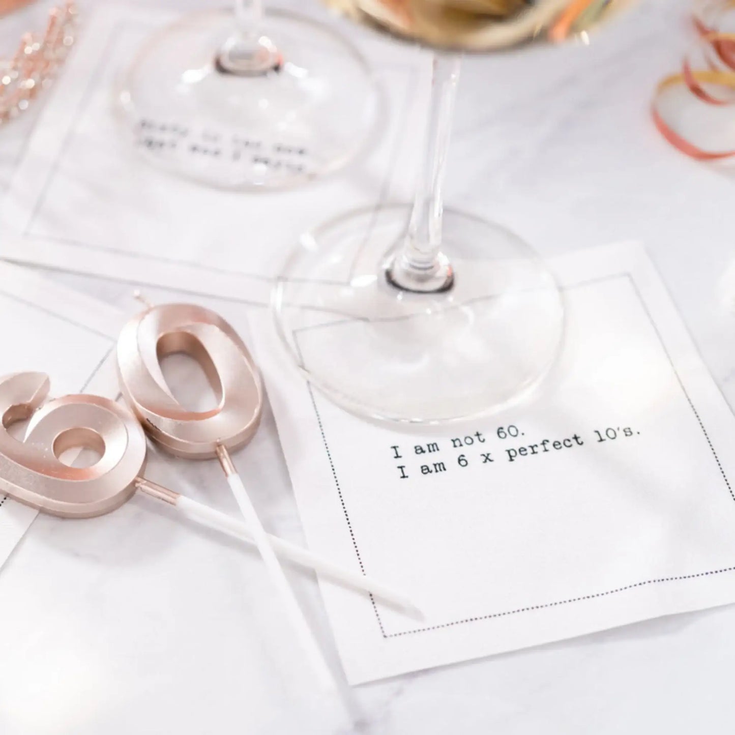 Five Star Napkins 60th Birthday Quotes, Cocktail Napkins, White singular napkin with wine glass, with 60th birthday quotes, 100% Organic Cotton, 4.5” x 4.5”, 50 Napkins per pack with 25 unique quotes
