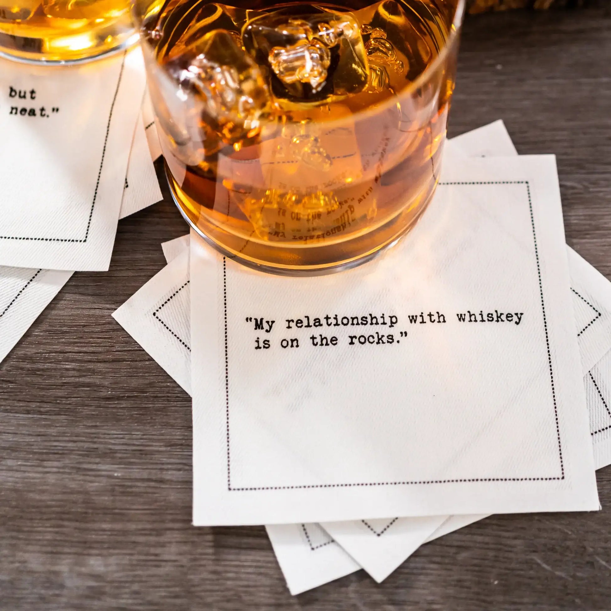 Five Star Napkins White Cotton Cocktail Napkins, stack of white square cocktail napkins with whiskey placed with ice, 100% Organic Cotton, 4.5" x 4.5", Single Use, 50 Units Per Pack with 25 Unique Whiskey Drinking Quotes