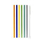 Six straight glass straws in orange, blue, yellow, green, teal, and grey with a cleaning brush, flat lay on a white background.