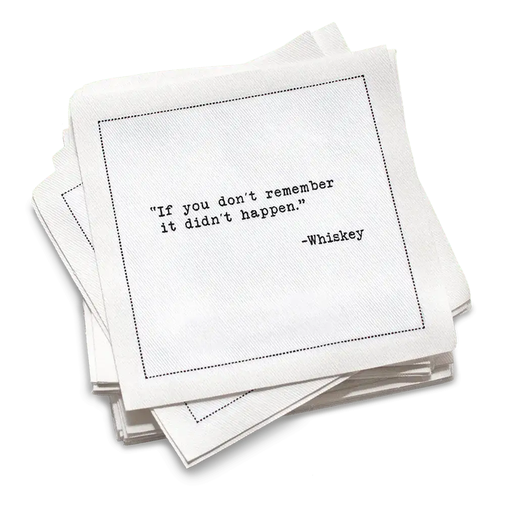 Five Star Napkins White Cotton Cocktail Napkins, stack of white square cocktail napkins with white background, 100% Organic Cotton, 4.5" x 4.5", Single Use, 50 Units Per Pack with 25 Unique Whiskey Drinking Quotes