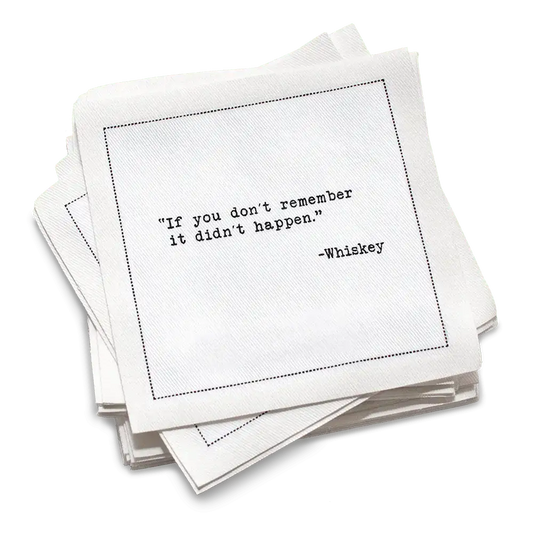 Five Star Napkins White Cotton Cocktail Napkins, stack of white square cocktail napkins with white background, 100% Organic Cotton, 4.5" x 4.5", Single Use, 50 Units Per Pack with 25 Unique Whiskey Drinking Quotes