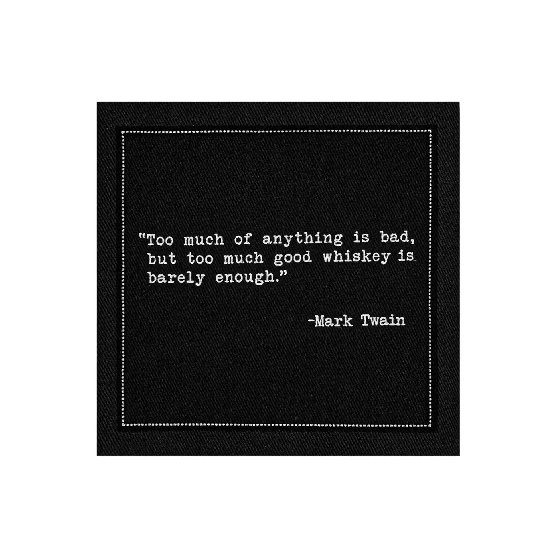 Five Star Napkins White Cotton Cocktail Napkins, singular black square cocktail napkin close up, 100% Organic Cotton, 4.5" x 4.5", Single Use, 50 Units Per Pack with 25 Unique Whiskey Drinking Quotes