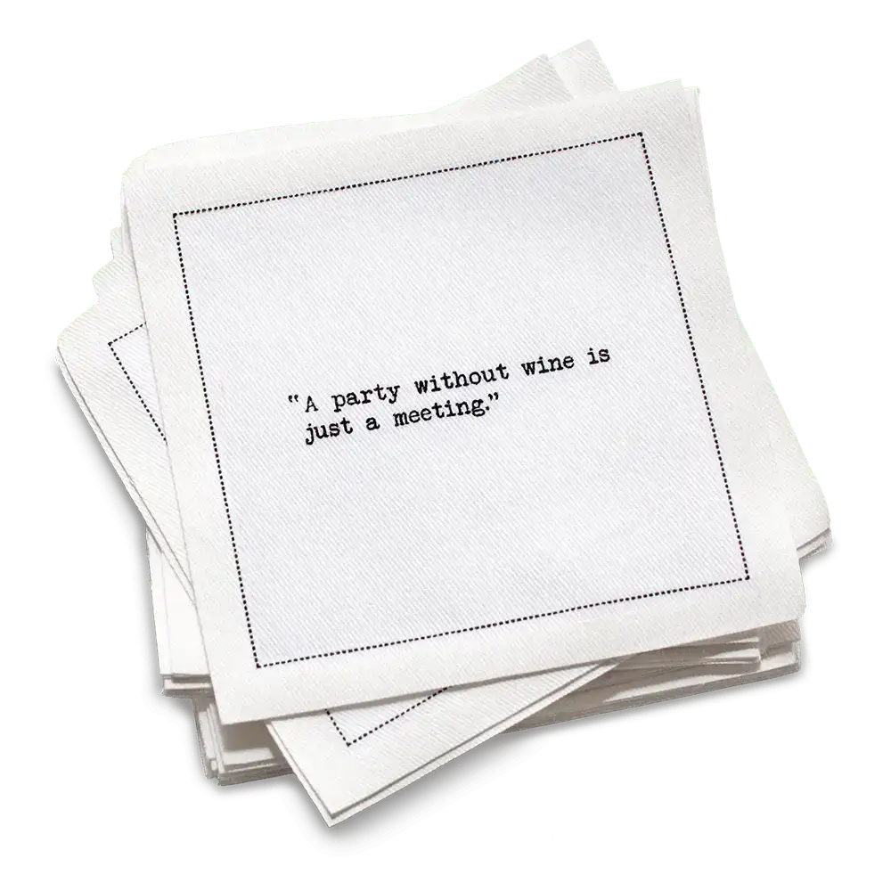 Five Star Napkins White Cotton Cocktail Napkins, stack of white square cocktail napkins with white background, 100% Organic Cotton, 4.5" x 4.5", Single Use, 50 Units Per Pack with 25 Unique Wine Drinking Quotes