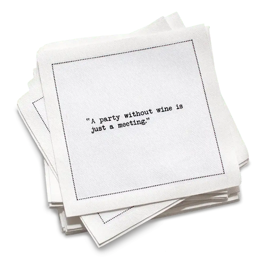Five Star Napkins White Cotton Cocktail Napkins, stack of white square cocktail napkins with white background, 100% Organic Cotton, 4.5" x 4.5", Single Use, 50 Units Per Pack with 25 Unique Wine Drinking Quotes