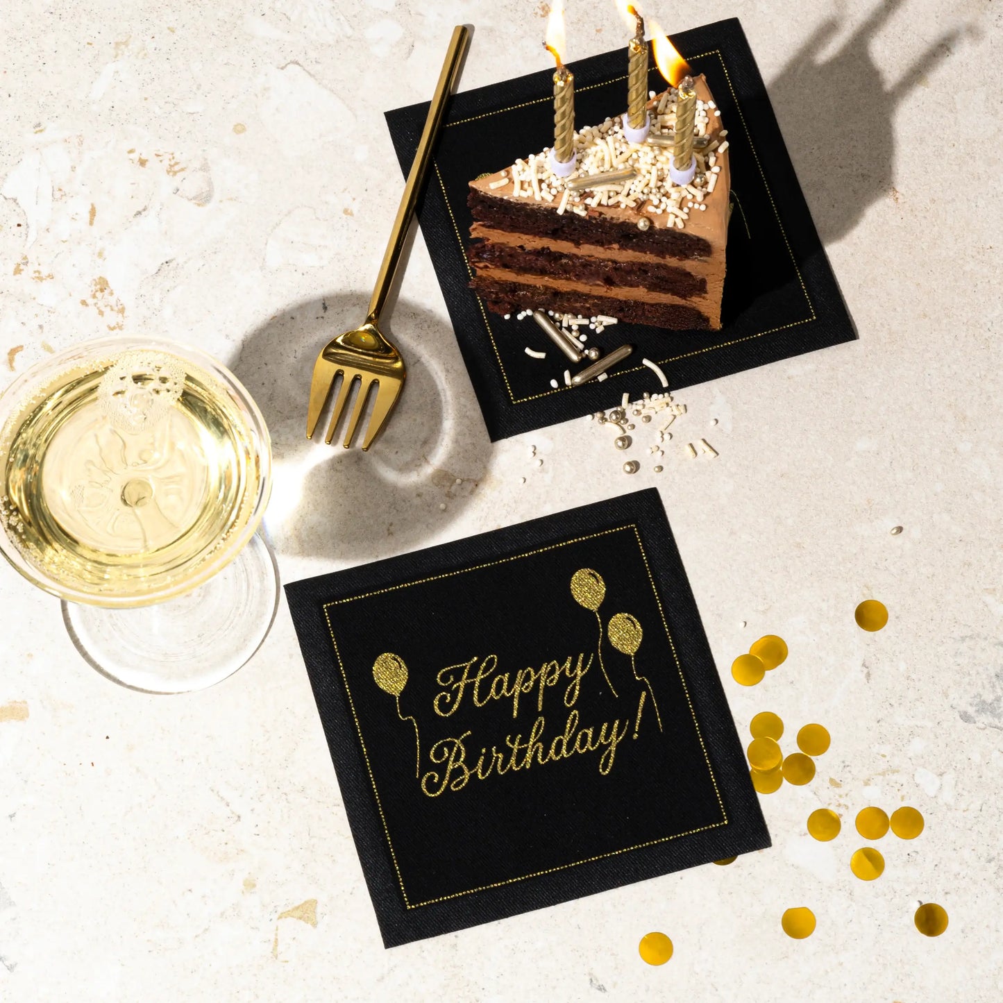 Five Star Napkins Quotes Cocktail Napkins, Black 'Happy Birthday!' in gold text with cake, 100% Organic Cotton, 4.5” x 4.5”, 50 Napkins per pack