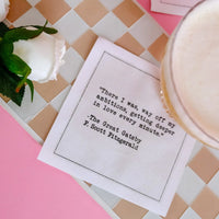Five Star Napkins White Cotton Cocktail Napkins, singular white square cocktail napkin with a close up with drink, 100% Organic Cotton, 4.5" x 4.5", Single Use, 50 Units Per Pack with 25 Unique Love Quotes